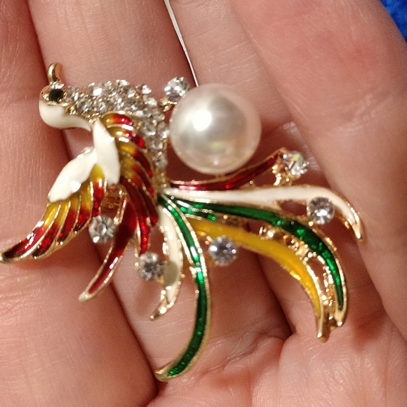 Enamel Bird Long Tail Brooch Pin Faux Pearl Rhinestone Accents Bling - Picture 2 of 6